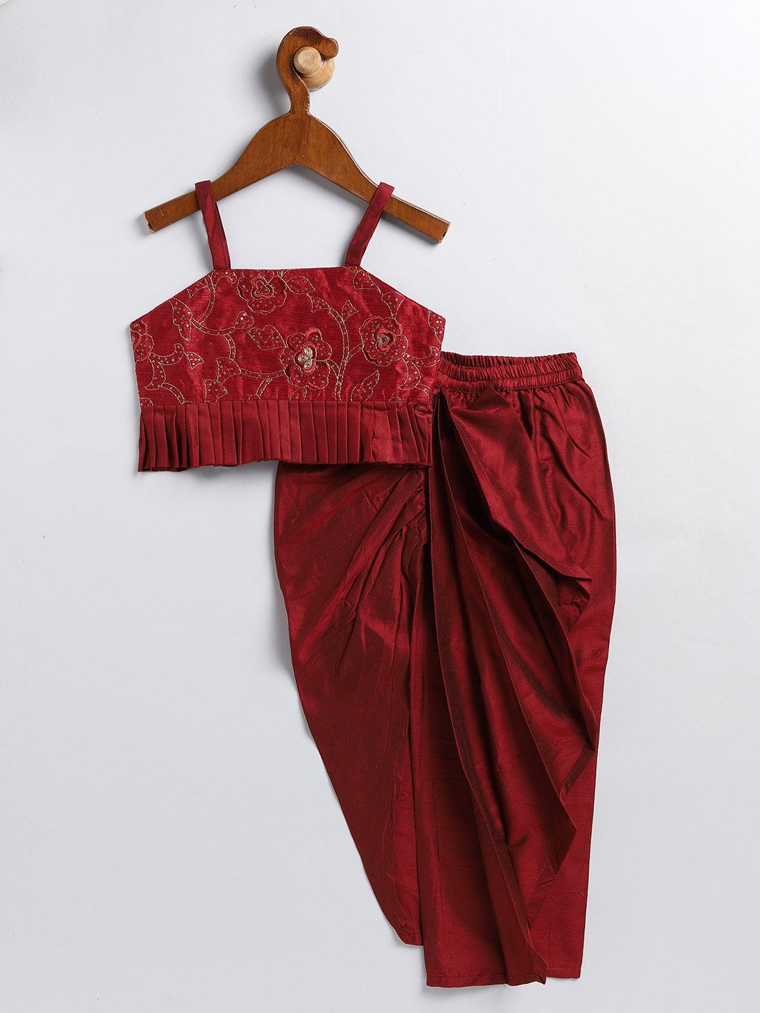 VASTRAMAY SISHU Girl's Maroon Draped Skirt With Crop Top - Uboric