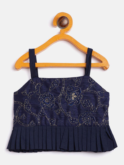 VASTRAMAY SISHU Girl's Navy Blue Draped Skirt With Crop Top - Uboric