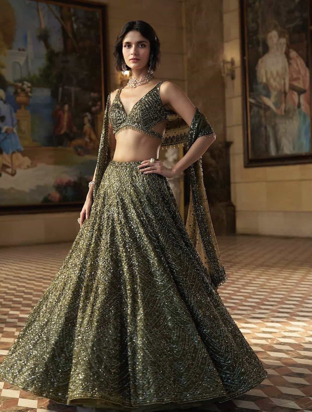Deep olive Chinon embroidered lehenga choli with net dupatta