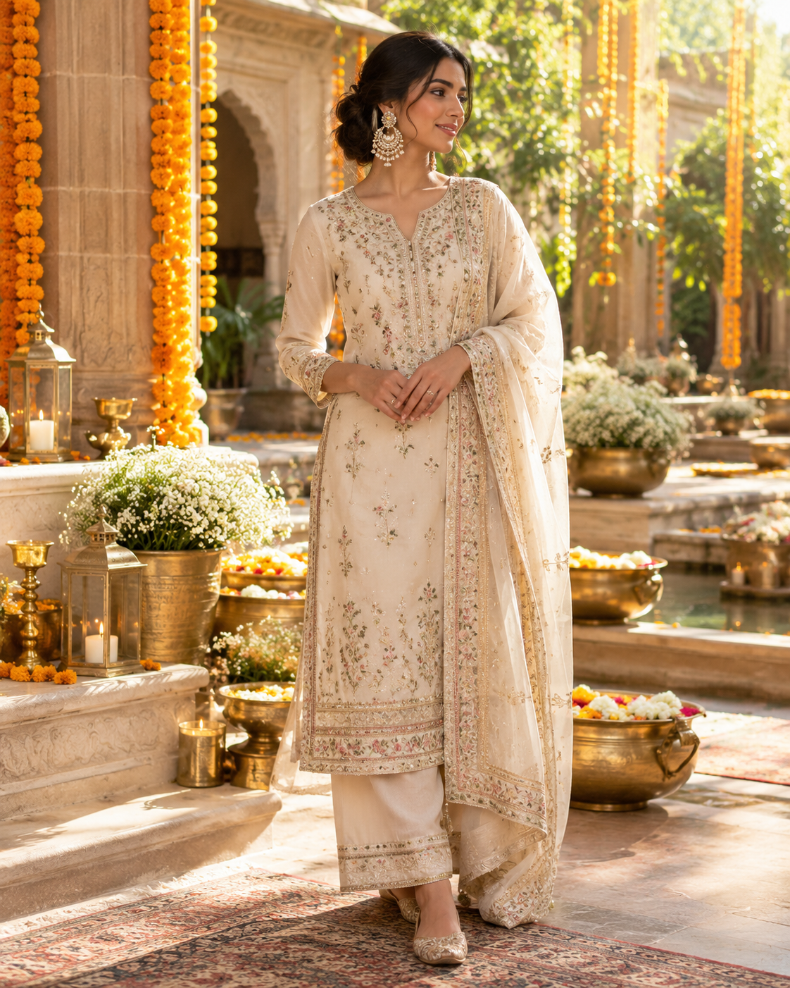 Diwali 2026 statement earrings with ivory kurta