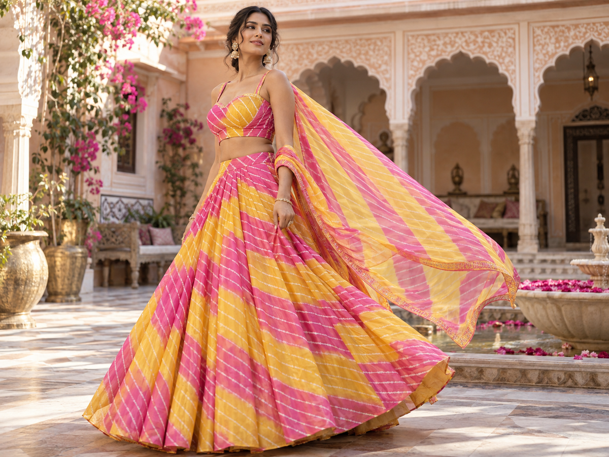 Modern Leheriya lehenga styling in a heritage courtyard for 2026