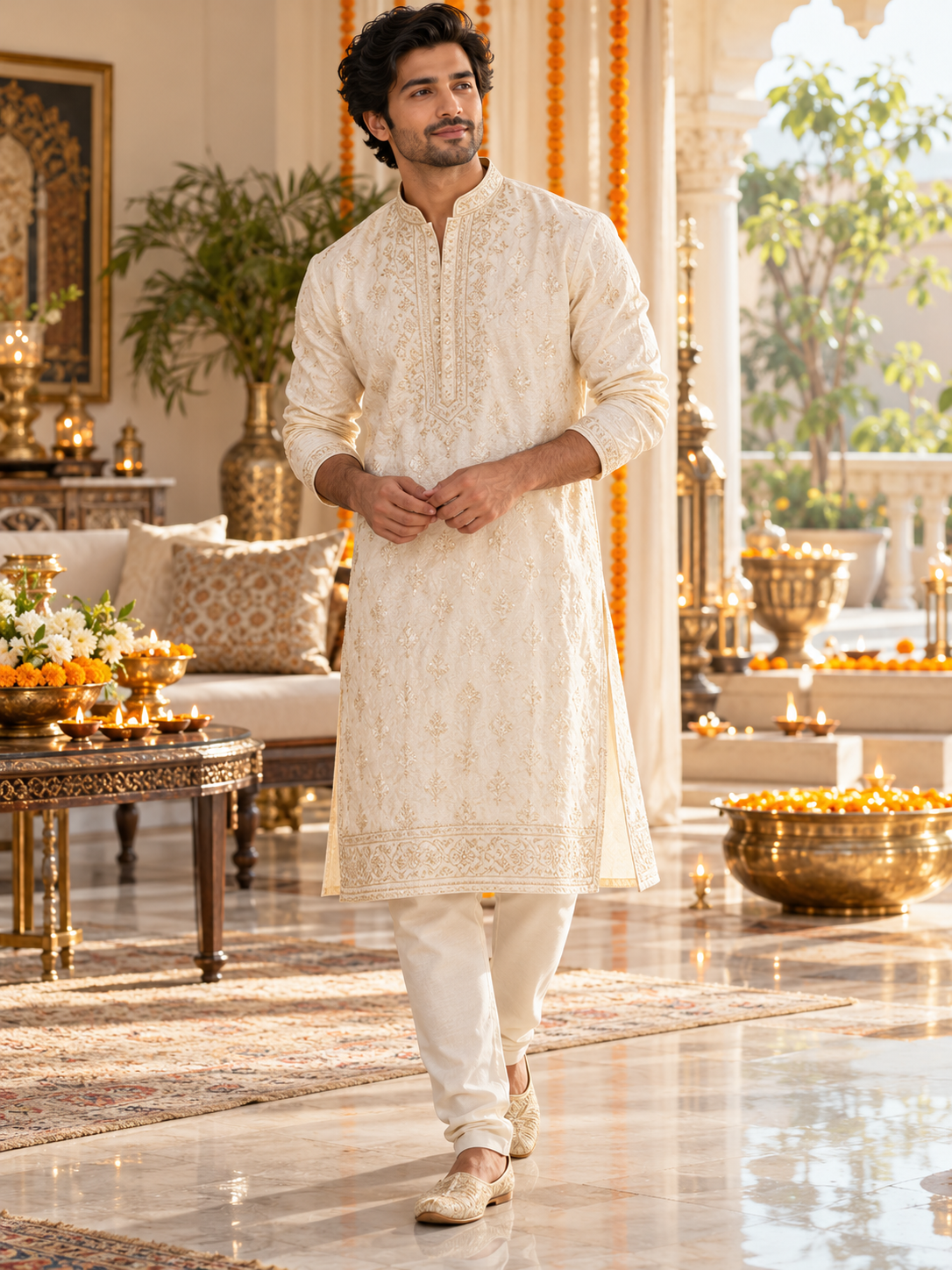 Men's Diwali outfits 2026: ivory embroidered kurta pajama