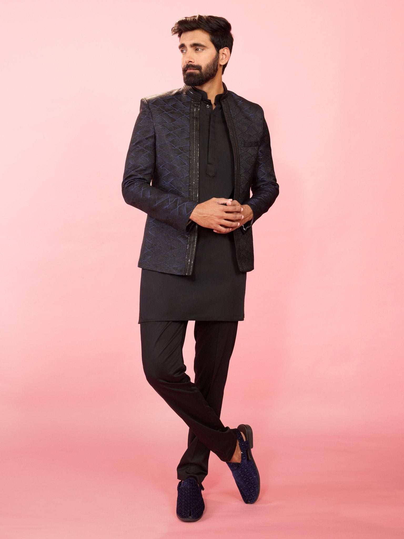 Men's navy blue sequin Jodhpuri with black satin kurta and pant pyjama