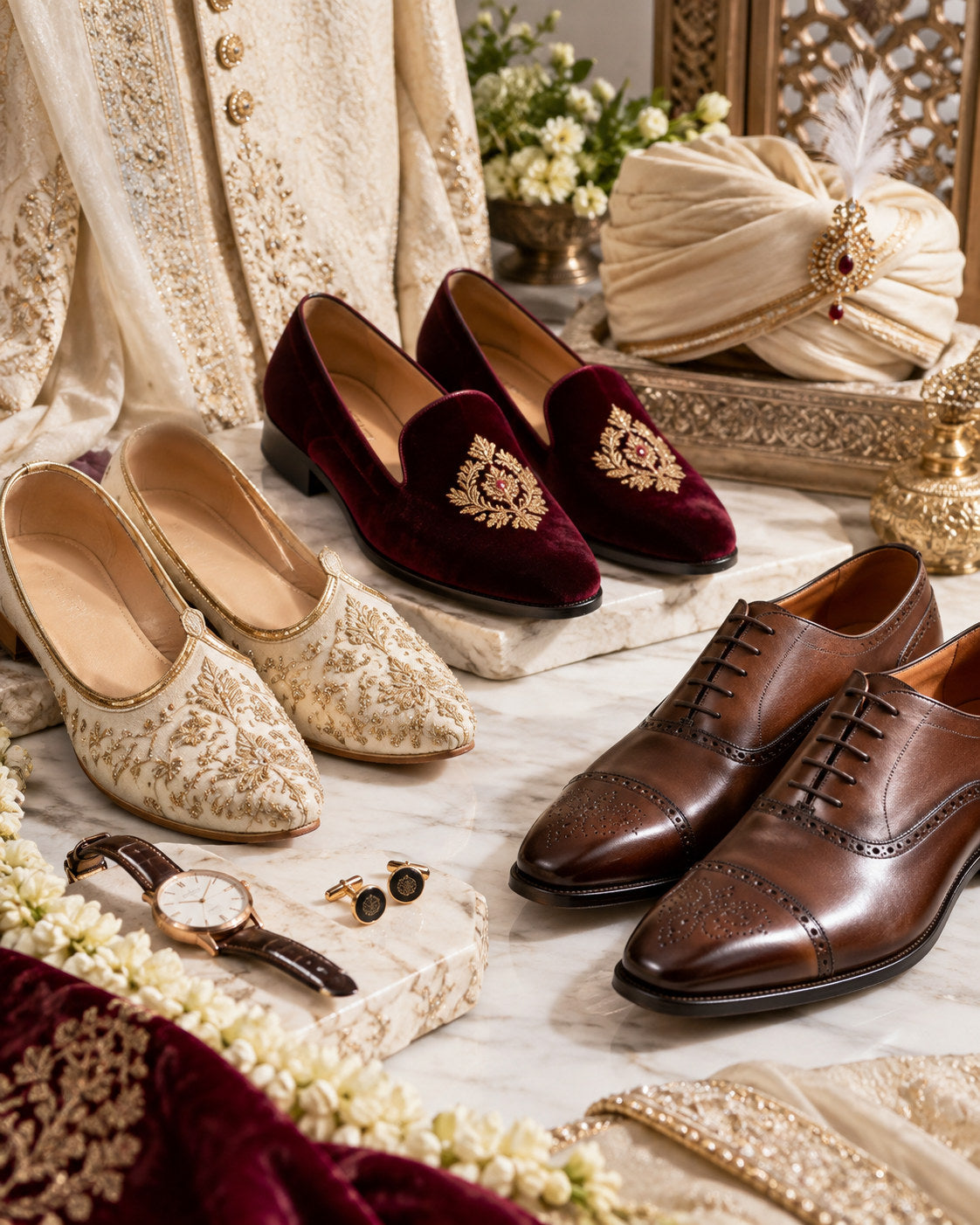 Men's wedding footwear 2026 comparison of embroidered mojaris, velvet loafers and formal Oxford shoes