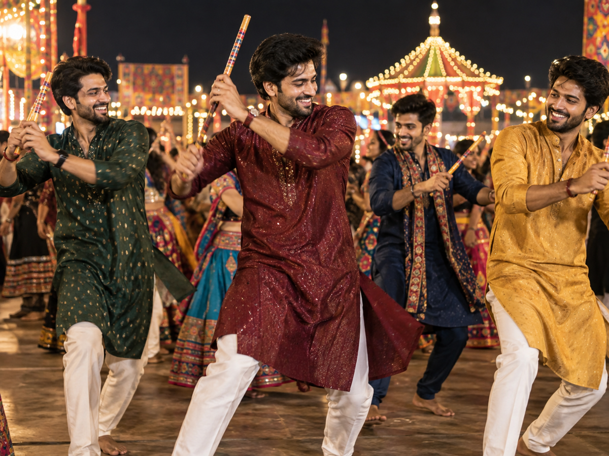 Men wearing colorful Garba outfits for Navratri 2026