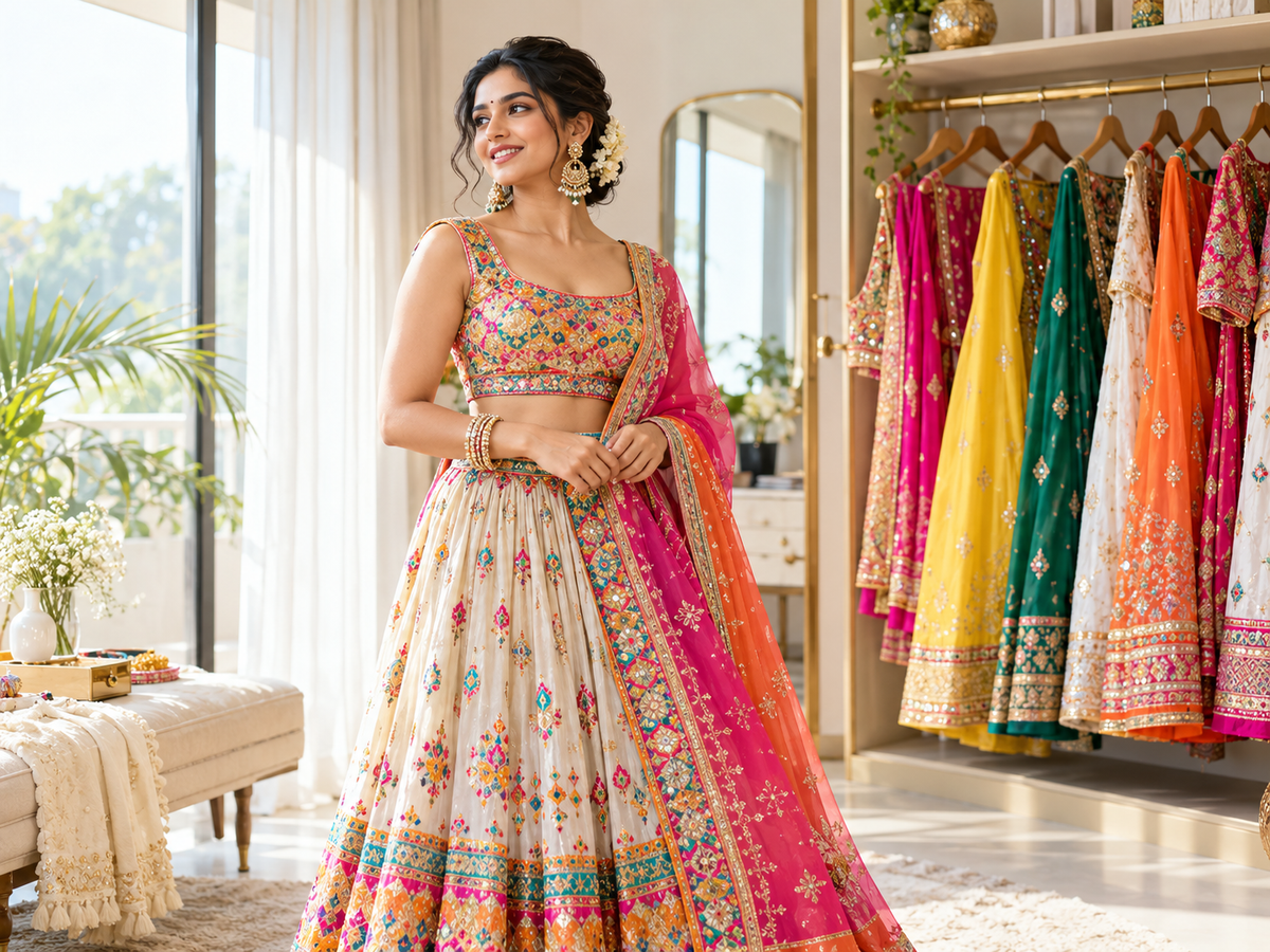 Woman wearing a colourful Navratri lehenga in a festive wardrobe