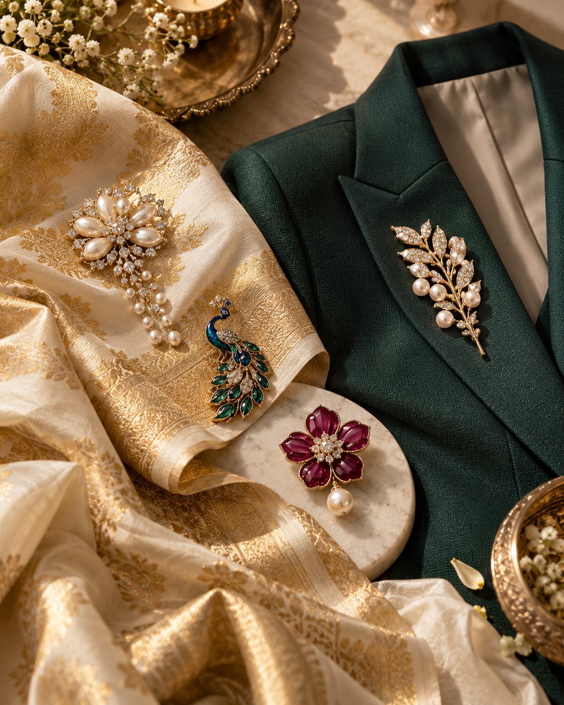 Brooches styled with ivory saree and emerald blazer – 2026 fashion guide