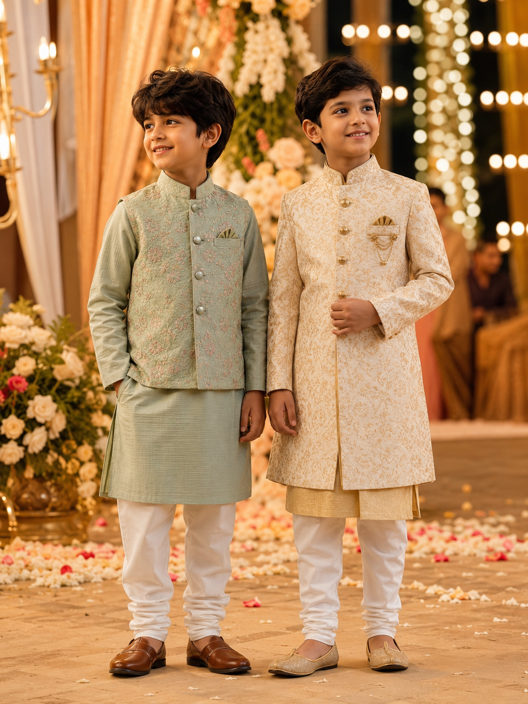 Two boys wearing festive Indian ethnic outfits for a wedding celebration