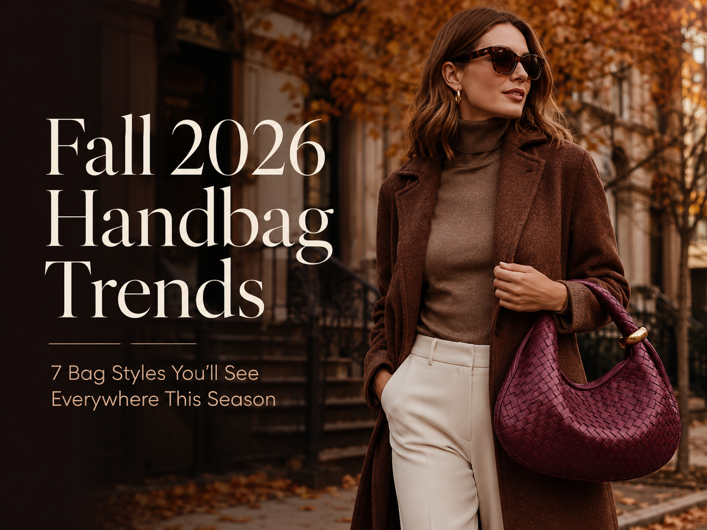 Fall 2026 handbag trends with woven burgundy shoulder bag and autumn styling