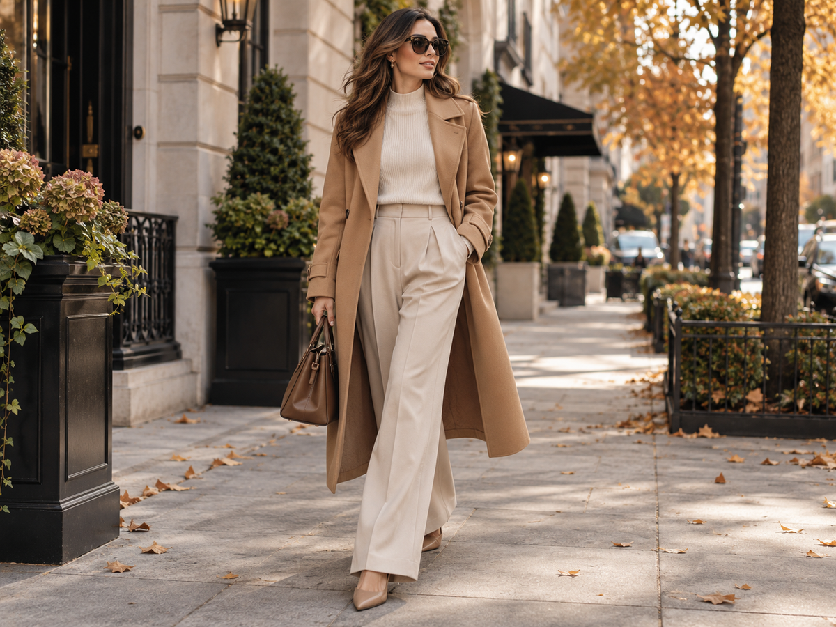 Fall 2026 layered city outfit with camel coat and tailored trousers