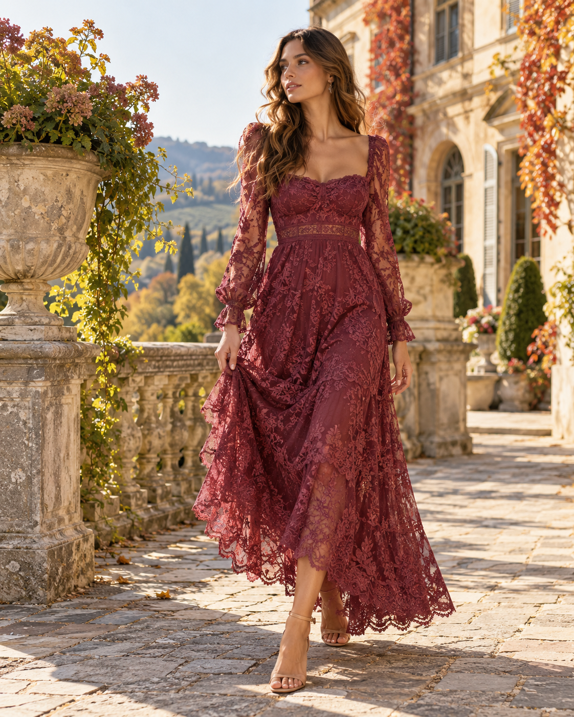 Fall 2026 romantic lace dress in warm burgundy