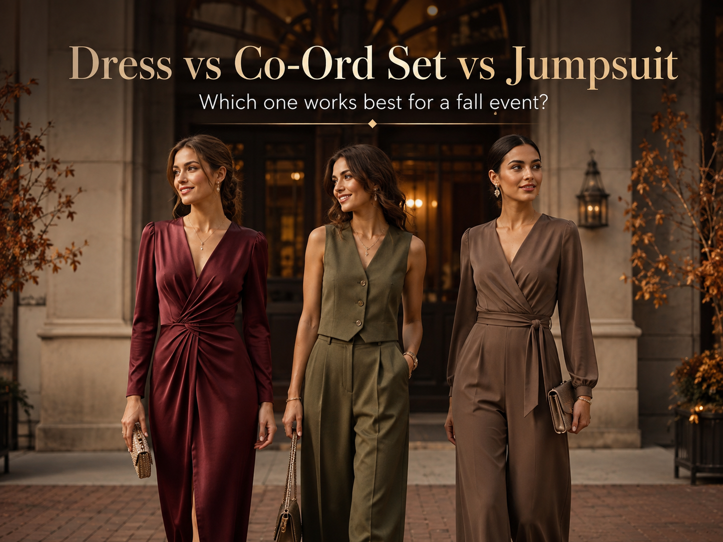 Fall event outfit comparison featuring a dress, co-ord set and jumpsuit