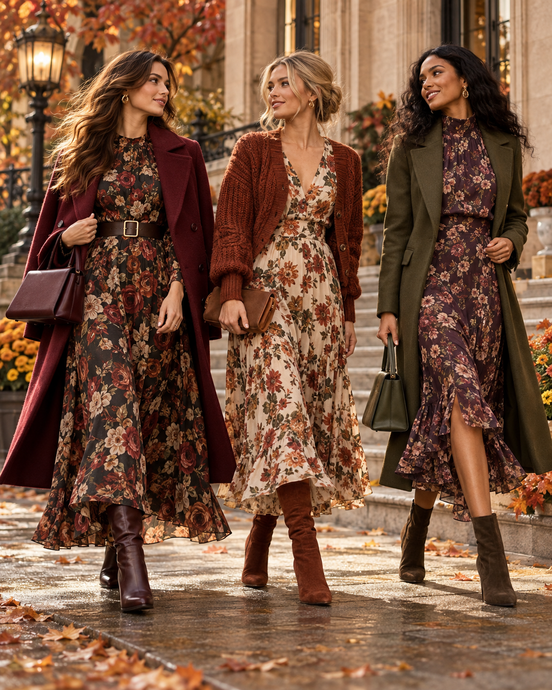 Three women styling floral dresses with autumn coats and knits for Fall 2026