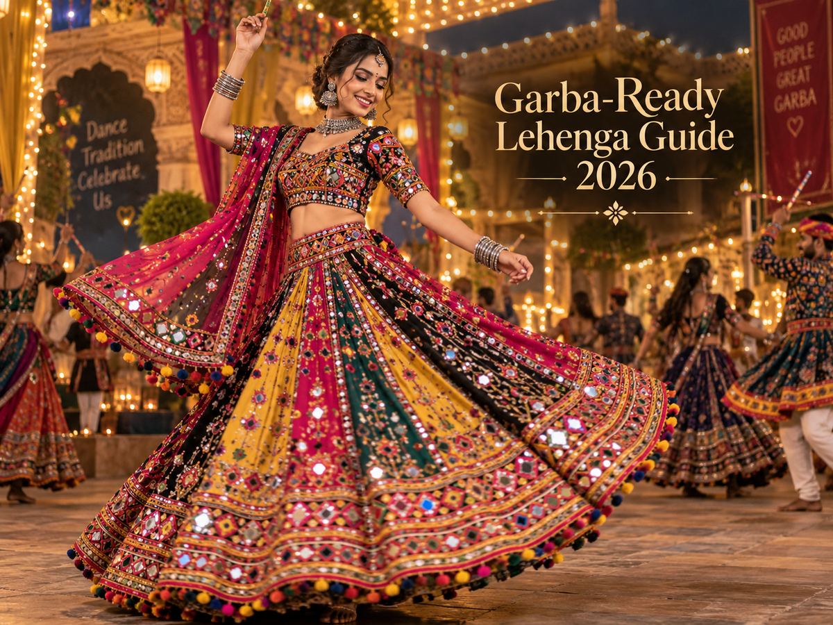 Woman twirling in mirror-work lehenga at Garba — Navratri 2026 lehenga buying guide