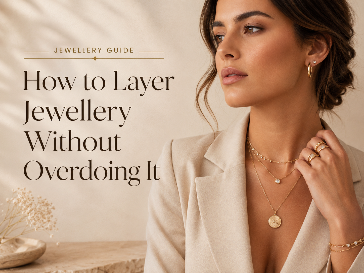 Jewellery layering guide showing layered gold necklaces, earrings, rings and bracelet