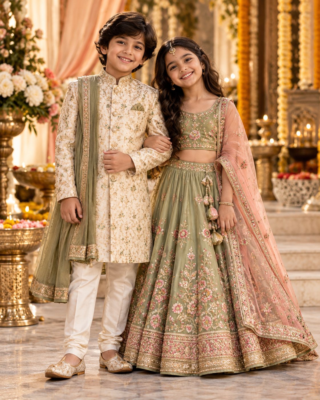 Brother and sister in coordinated Indian wedding outfits – Qivii kids fashion guide