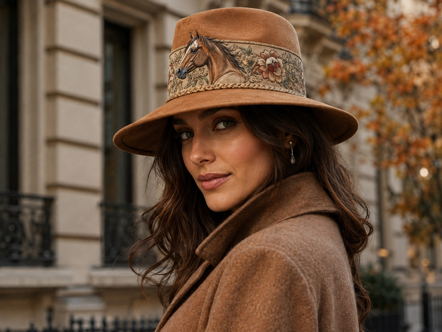 Woman styling a suede statement hat with floral horse embroidery for fall