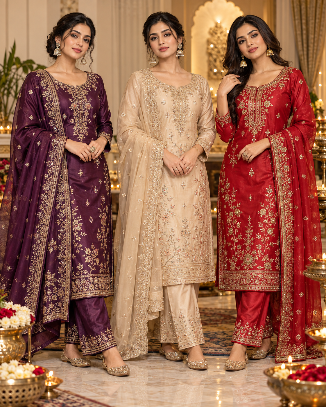 Three embroidered salwar suits in plum purple beige and red