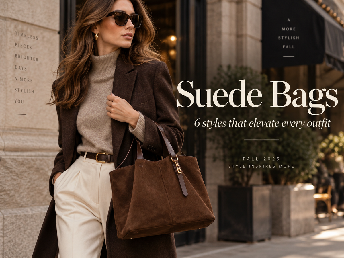 Suede bags for Fall 2026 styled with an elevated neutral outfit