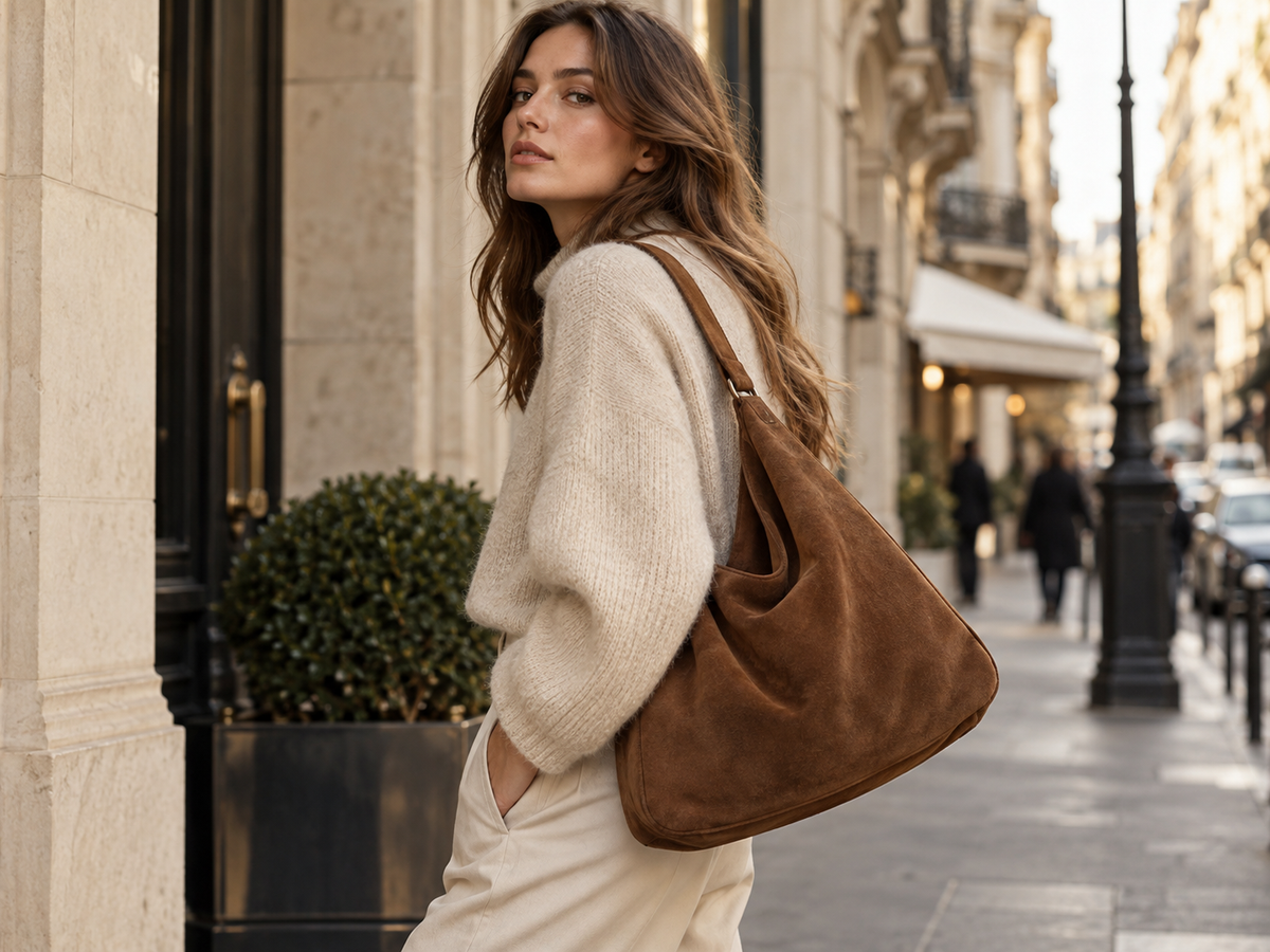 Soft brown suede shoulder bag styled with a neutral city outfit in 2026