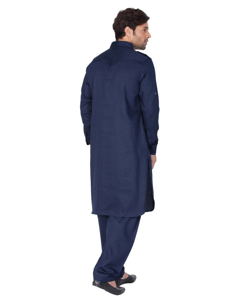 Vastramay Cotton Blend Navy Blue Baap Beta Pathani Kurta & Pyjama Set