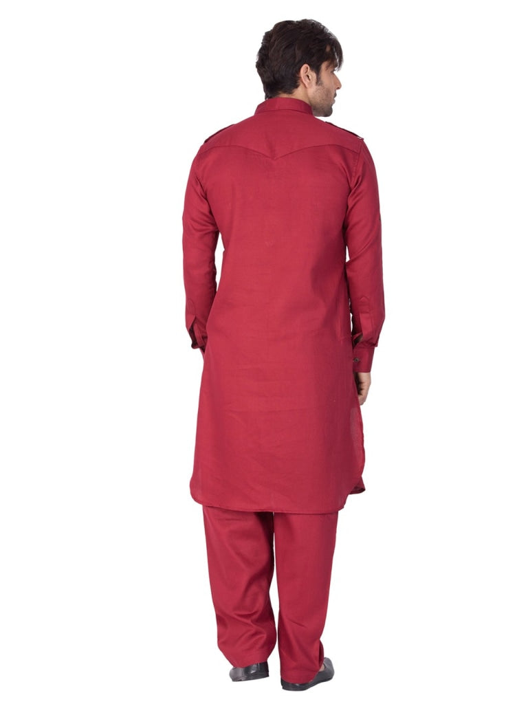 Vastramay Cotton Blend Maroon Baap Beta Pathani Kurta & Pyjama Set