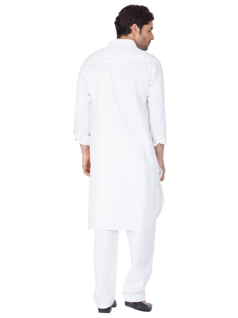 Vastramay Cotton Blend White Baap Beta Pathani Kurta & Pyjama Set