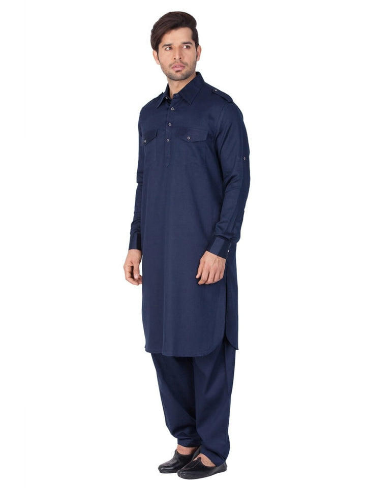 Vastramay Cotton Blend Navy Blue Baap Beta Pathani Kurta & Pyjama Set