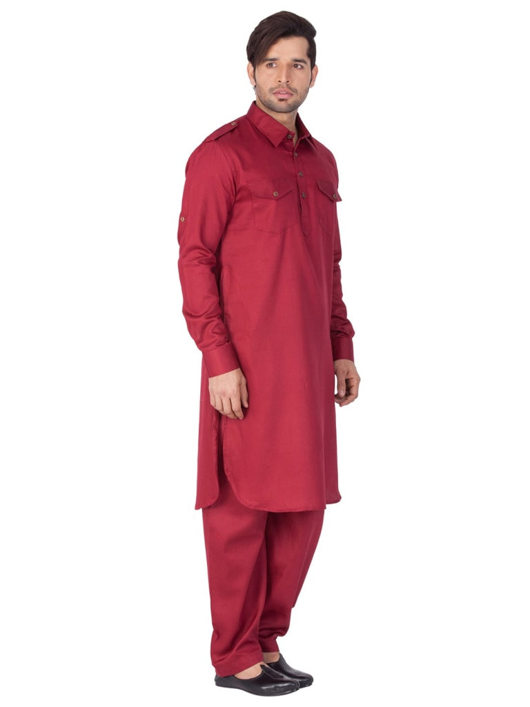 Vastramay Cotton Blend Maroon Baap Beta Pathani Kurta & Pyjama Set