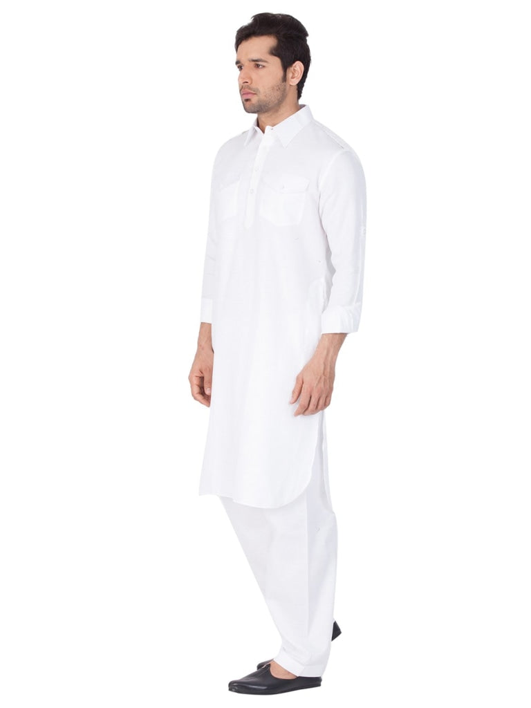 Vastramay Cotton Blend White Baap Beta Pathani Kurta & Pyjama Set