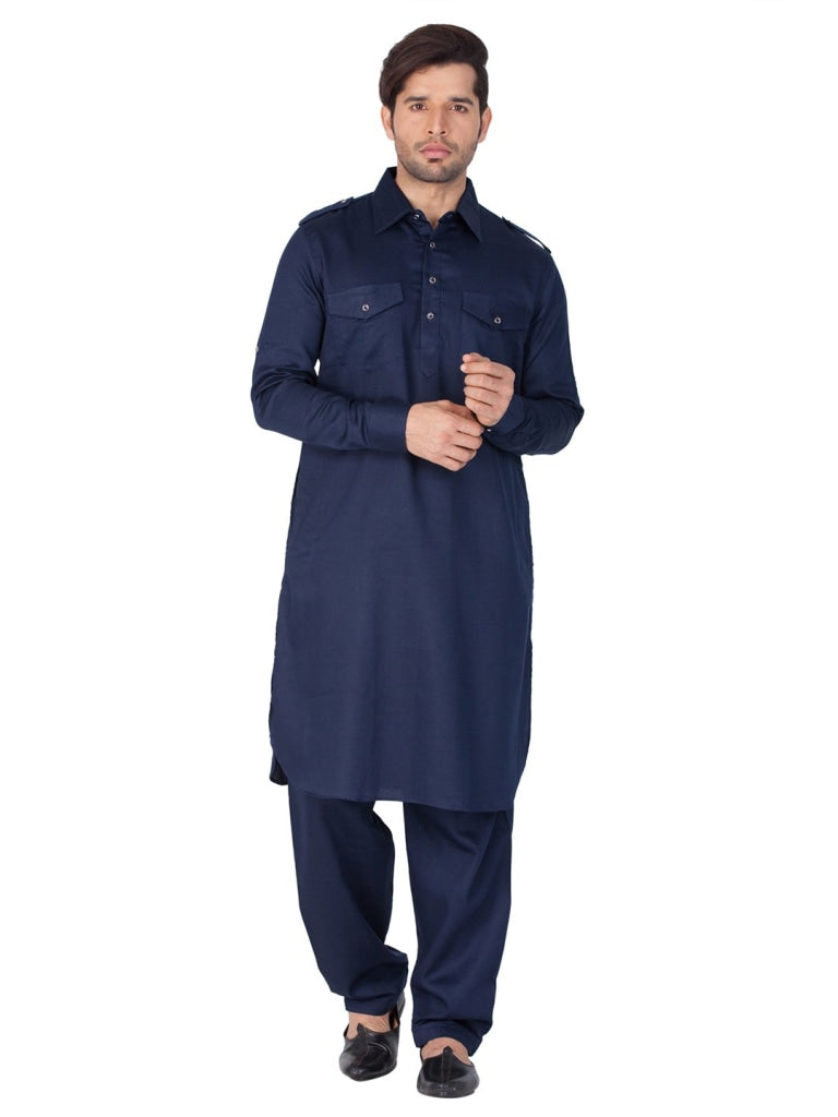 Vastramay Cotton Blend Navy Blue Baap Beta Pathani Kurta & Pyjama Set