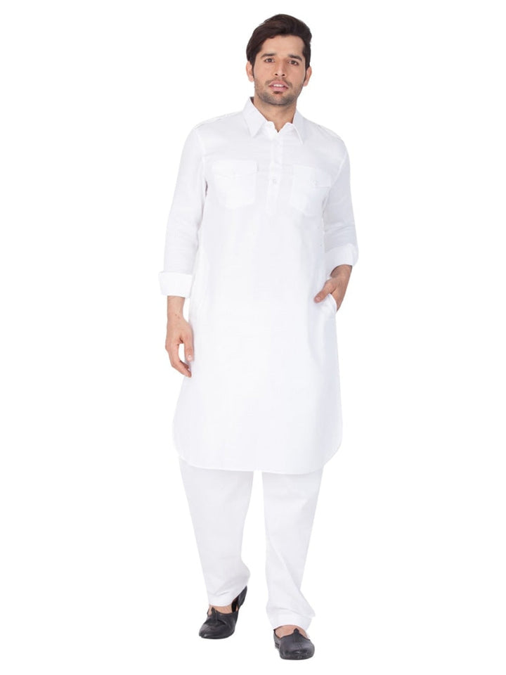 Vastramay Cotton Blend White Baap Beta Pathani Kurta & Pyjama Set