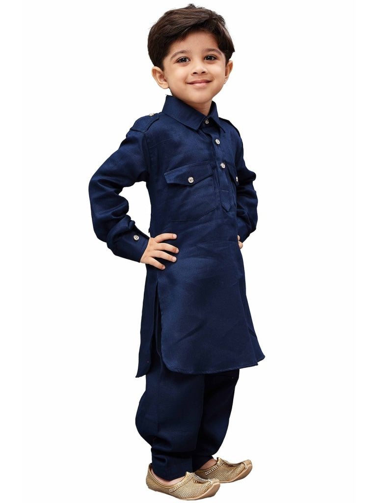 Vastramay Cotton Blend Navy Blue Baap Beta Pathani Kurta & Pyjama Set