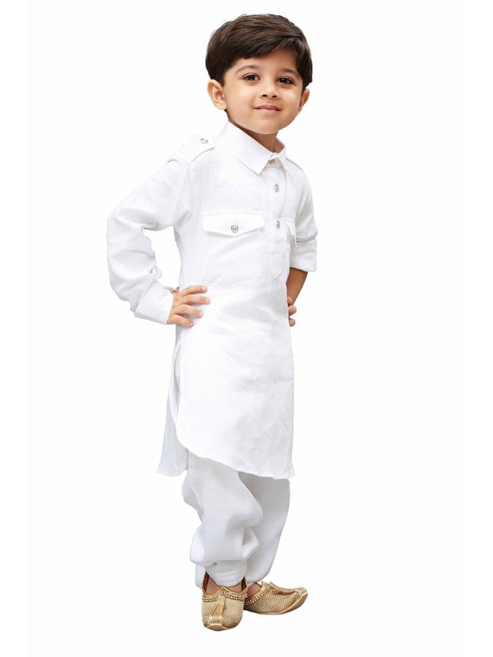 Vastramay Cotton Blend White Baap Beta Pathani Kurta & Pyjama Set