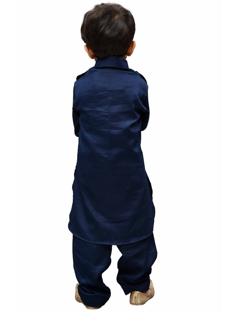 Vastramay Cotton Blend Navy Blue Baap Beta Pathani Kurta & Pyjama Set