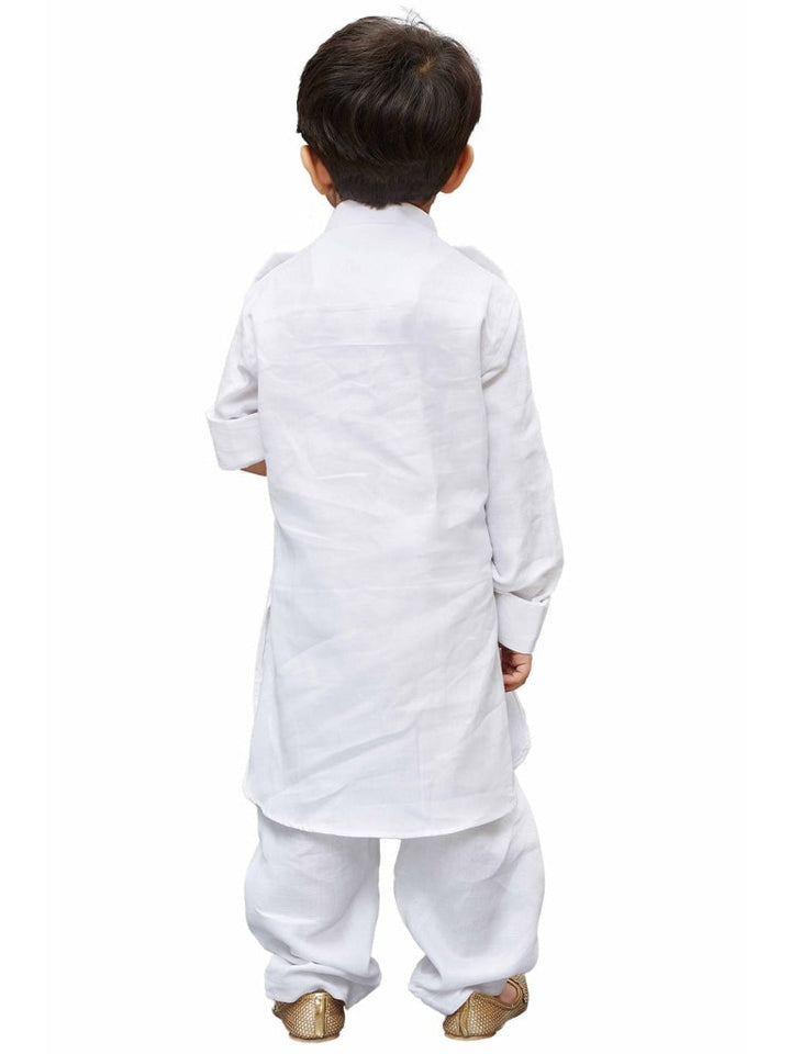 Vastramay Cotton Blend White Baap Beta Pathani Kurta & Pyjama Set