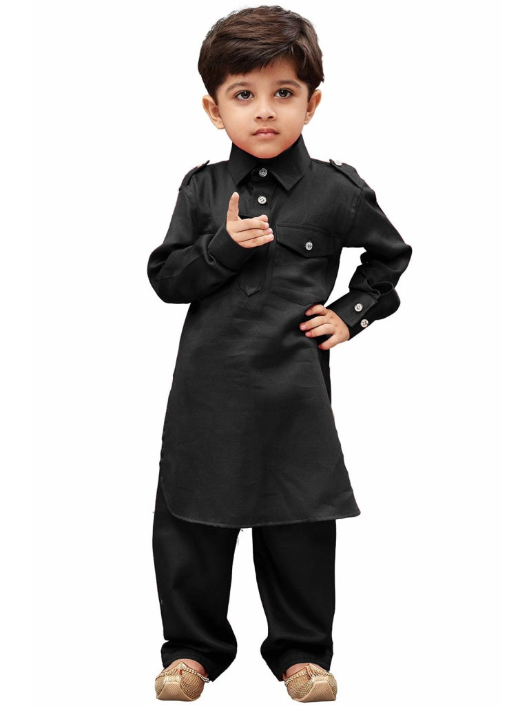 Vastramay Cotton Blend Black Baap Beta Pathani Kurta & Pyjama set