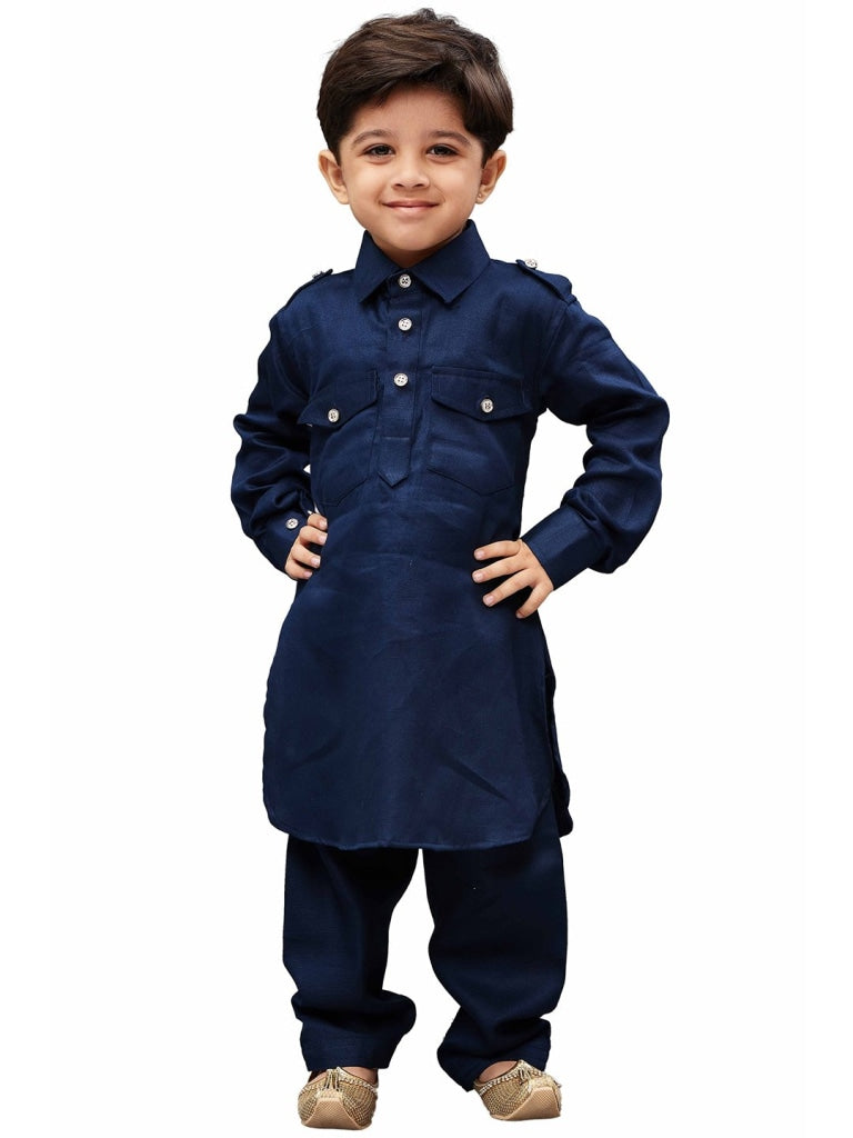 Vastramay Cotton Blend Navy Blue Baap Beta Pathani Kurta & Pyjama Set