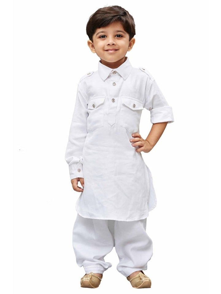 Vastramay Cotton Blend White Baap Beta Pathani Kurta & Pyjama Set