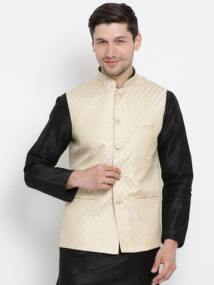 Vastramay Silk Blend Cream and Zari Gold Baap Beta Ethnic Jacket