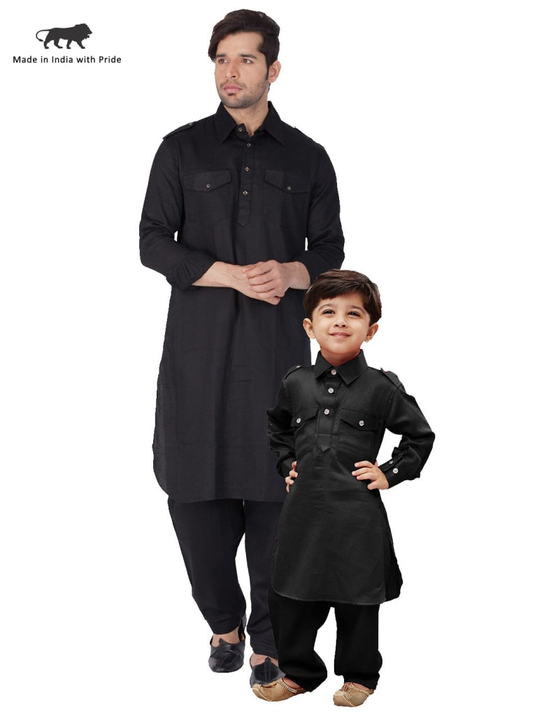 Vastramay Cotton Blend Black Baap Beta Pathani Kurta & Pyjama set