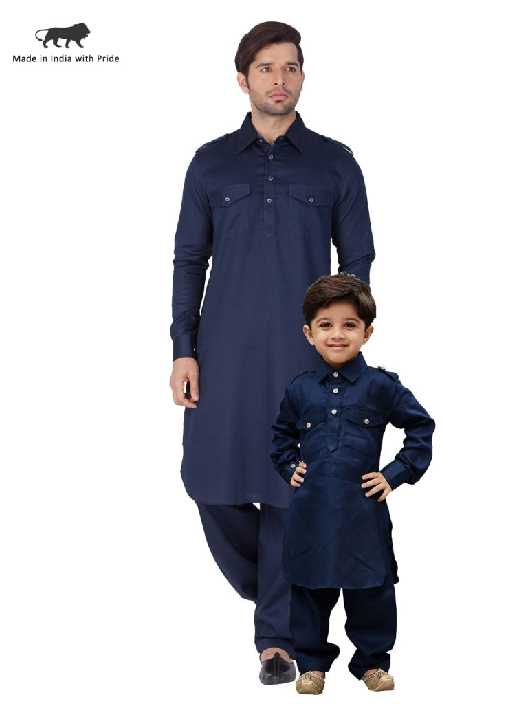 Vastramay Cotton Blend Navy Blue Baap Beta Pathani Kurta & Pyjama Set