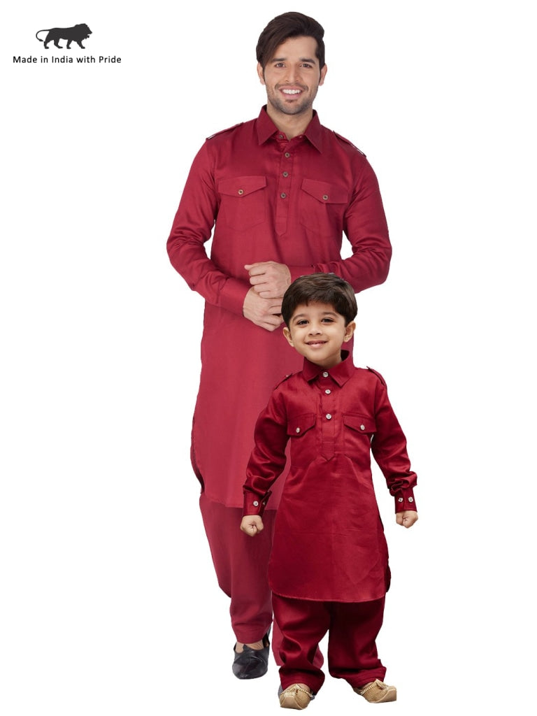 Vastramay Cotton Blend Maroon Baap Beta Pathani Kurta & Pyjama Set