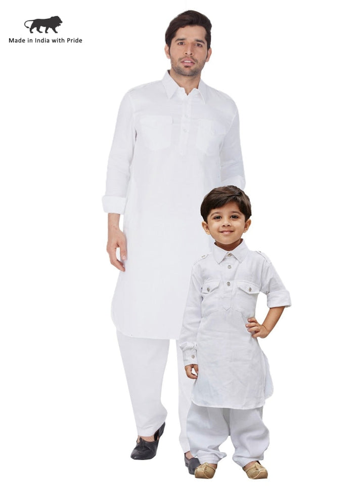 Vastramay Cotton Blend White Baap Beta Pathani Kurta & Pyjama Set