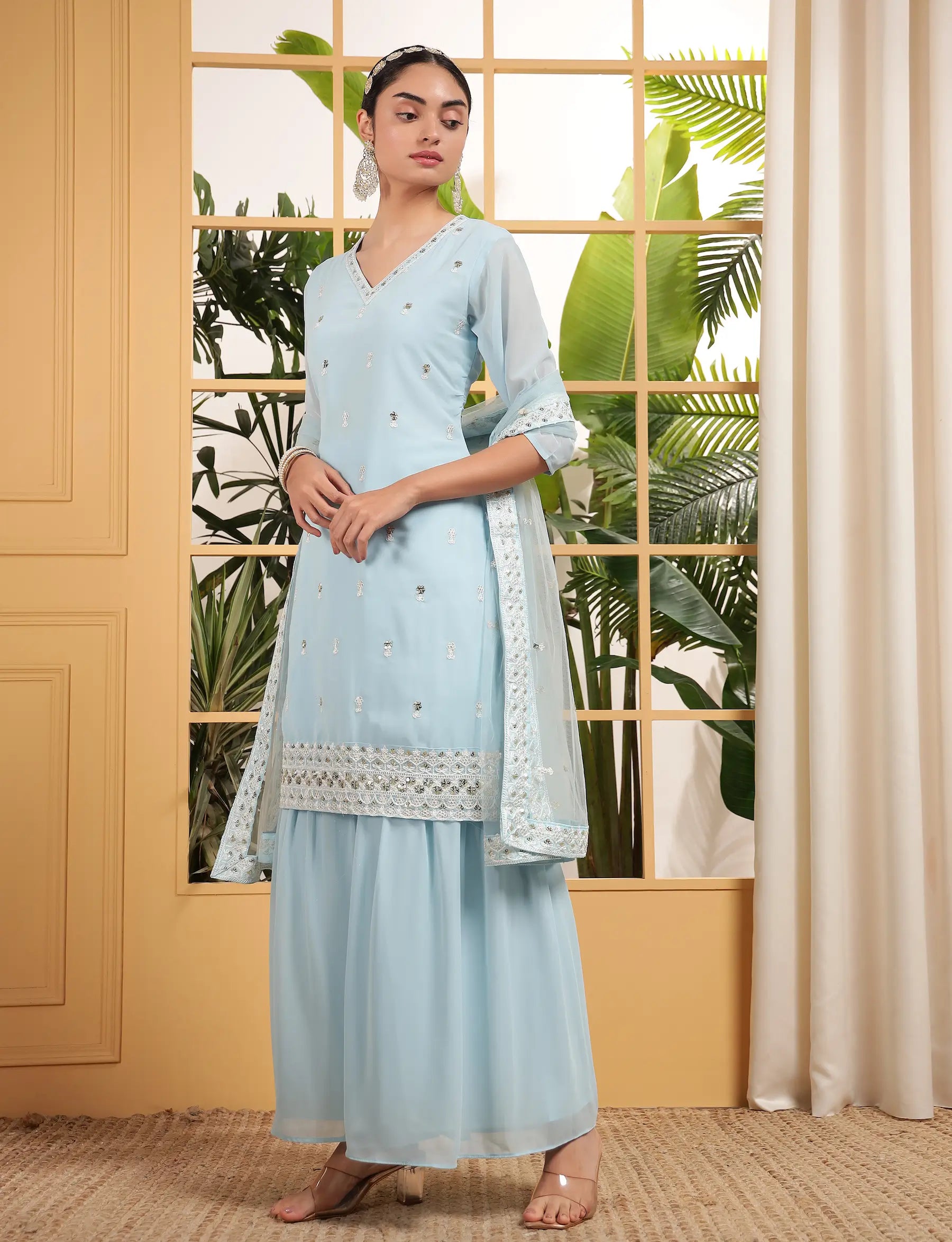 Sky Blue Georgette Salwar Suit With Sequence Embroidery Work - qivii