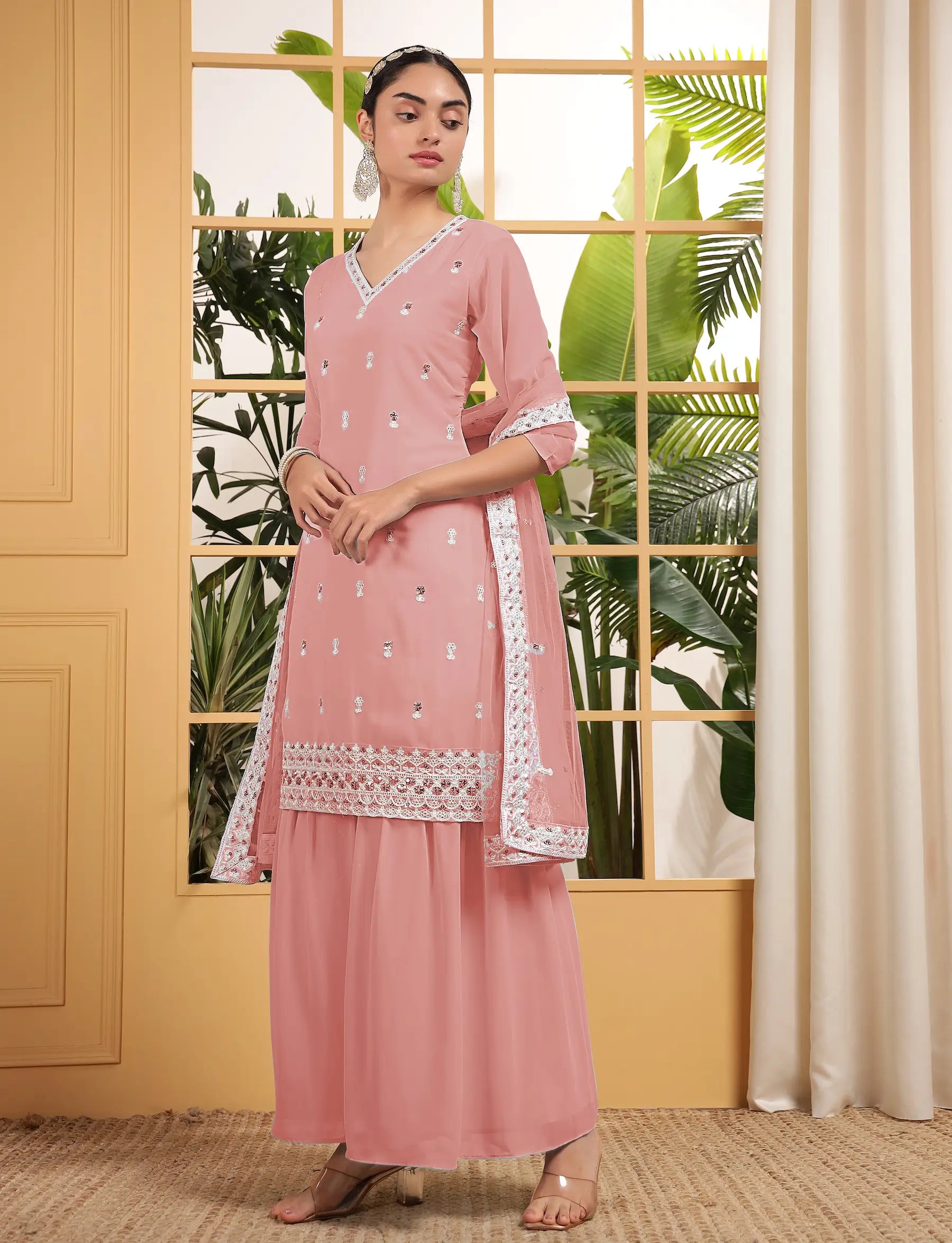 Peach Georgette Salwar Suit With Sequence Embroidery Work - qivii