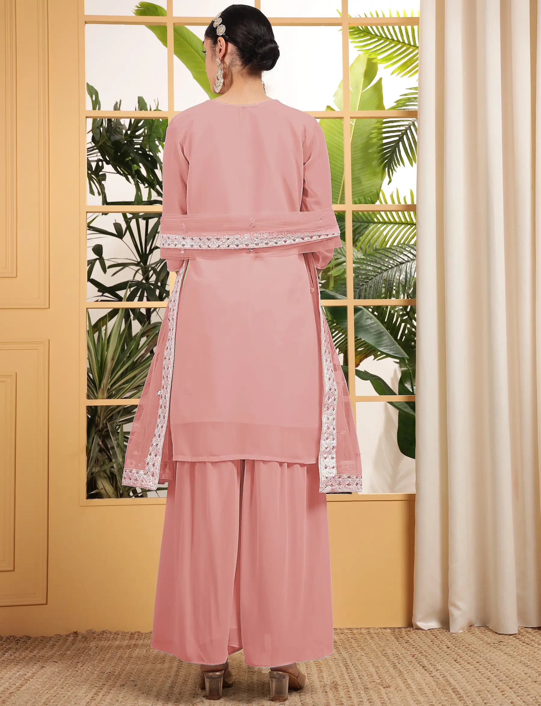 Peach Georgette Salwar Suit With Sequence Embroidery Work - qivii