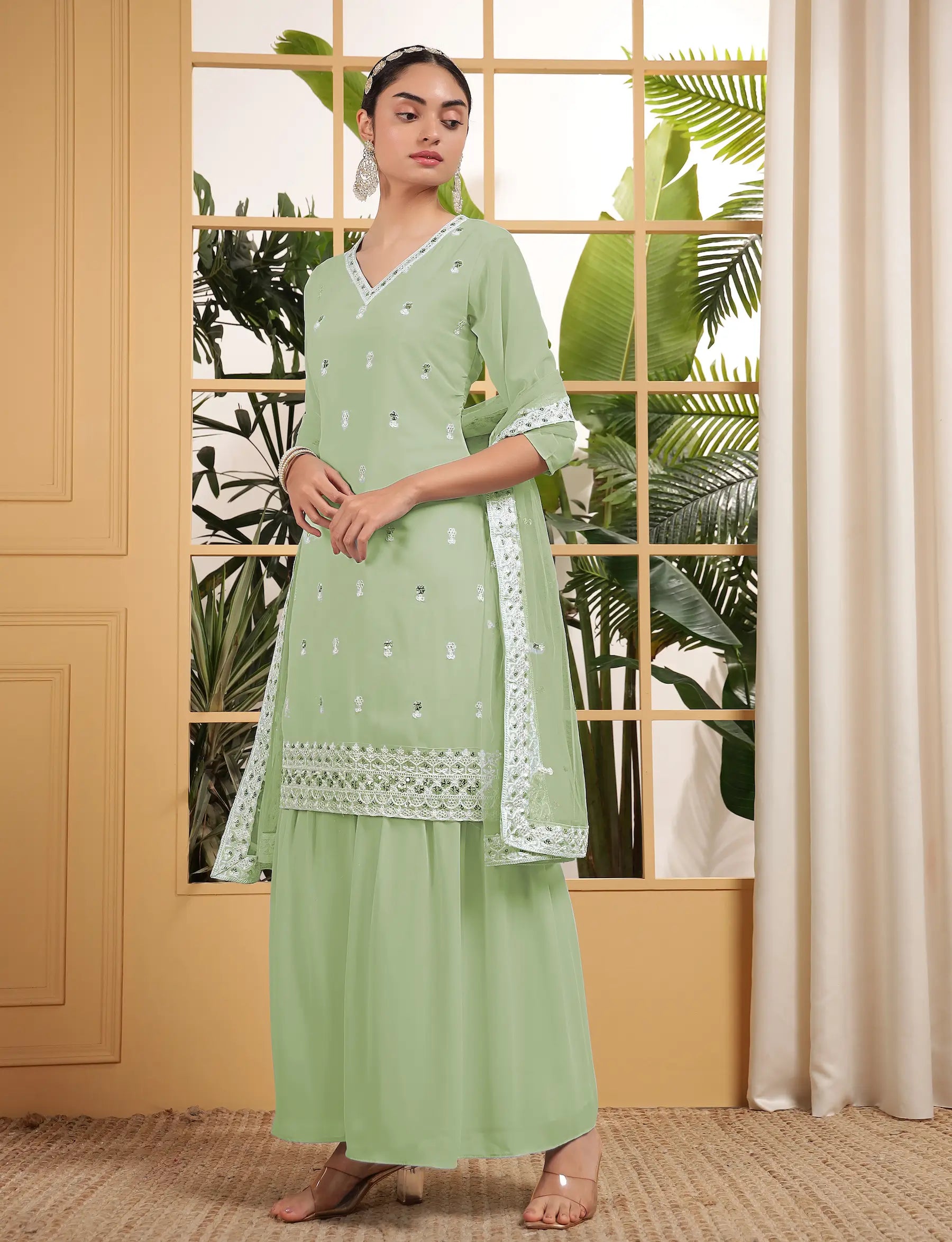 Pista Green Georgette Salwar Suit With Sequence Embroidery Work - qivii