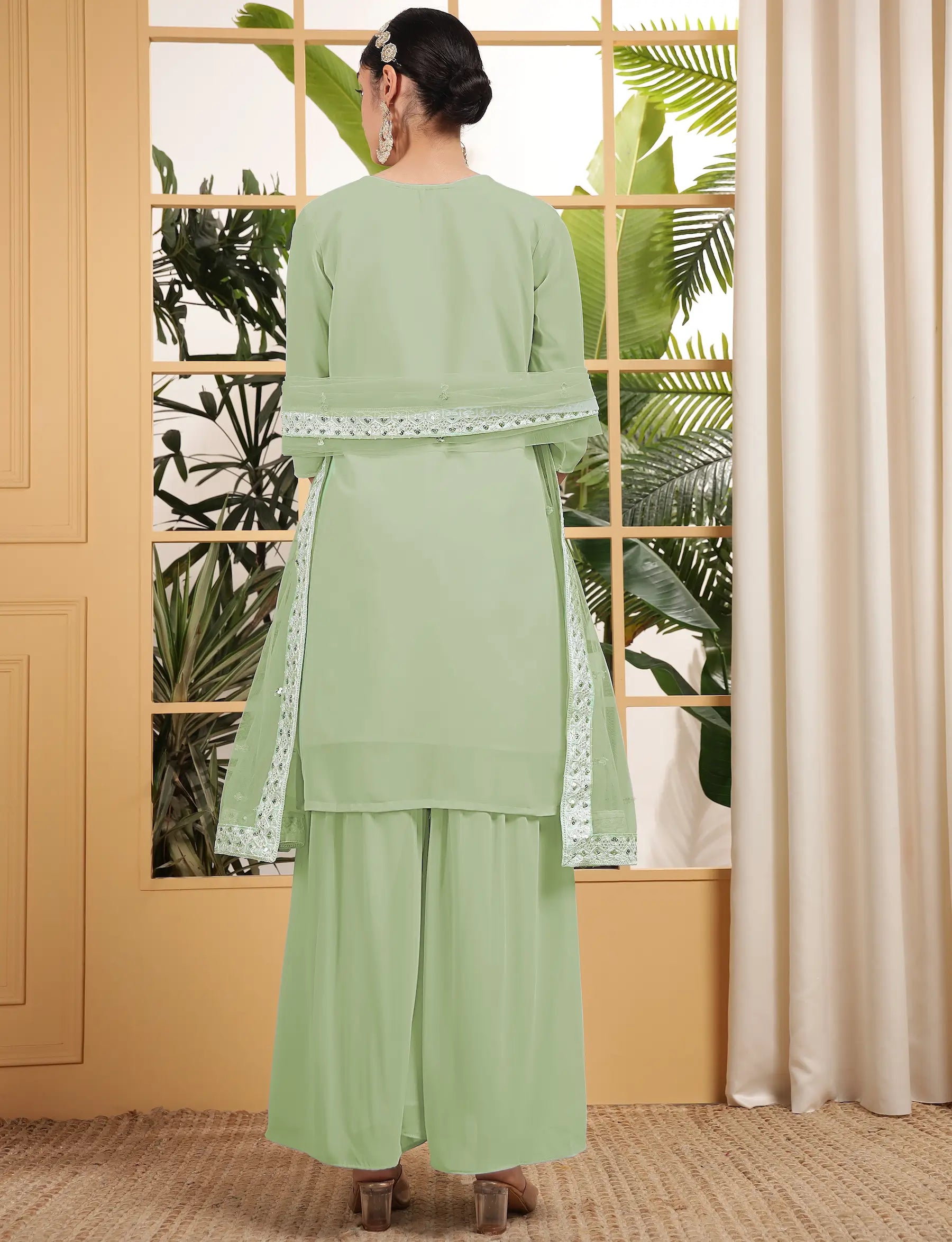 Pista Green Georgette Salwar Suit With Sequence Embroidery Work - qivii