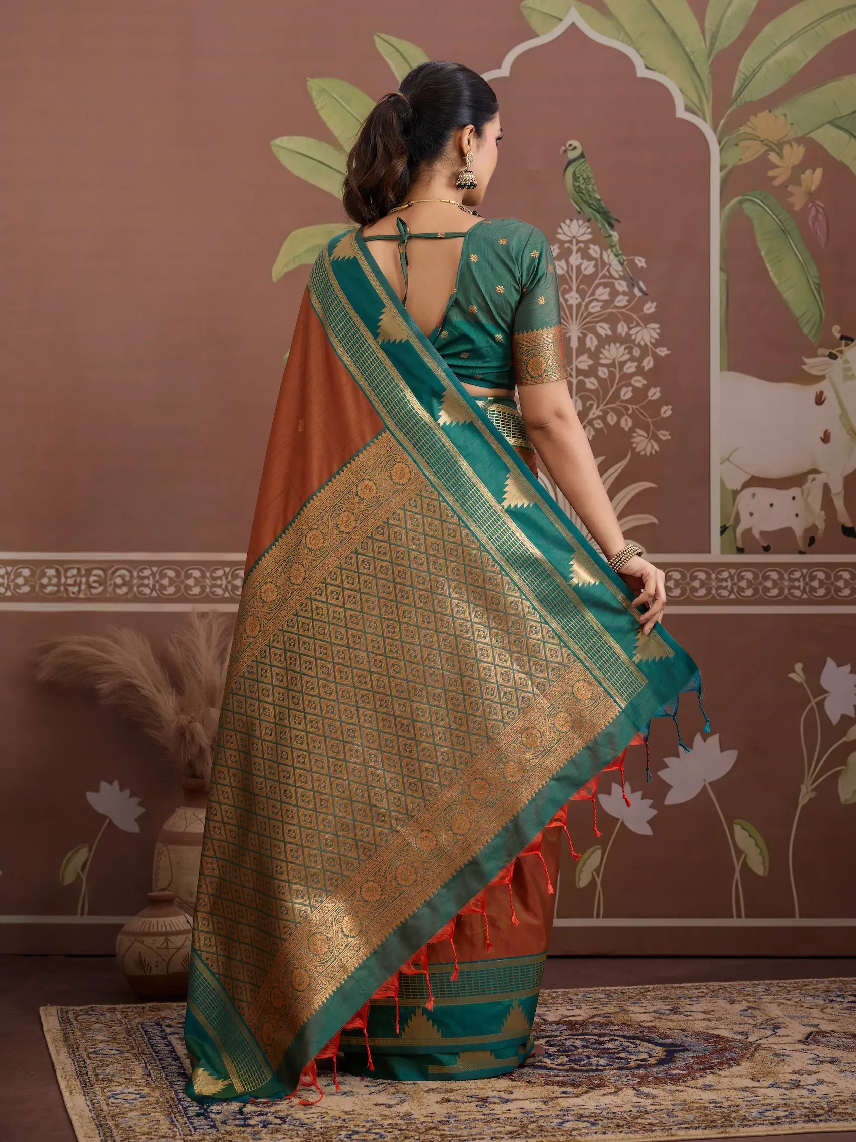 Rust Orange Tussar Silk Handloom Weaving Saree